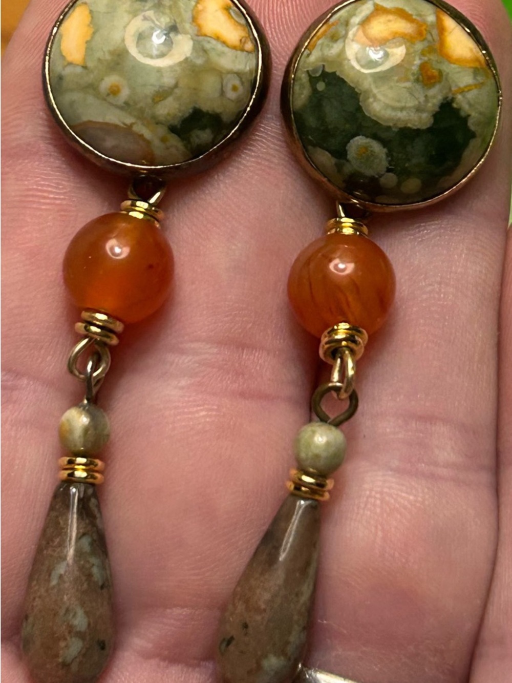 Judith Spencer Signed Artisan Ocean Jasper Gemstones Vermeil Dangle Earrings